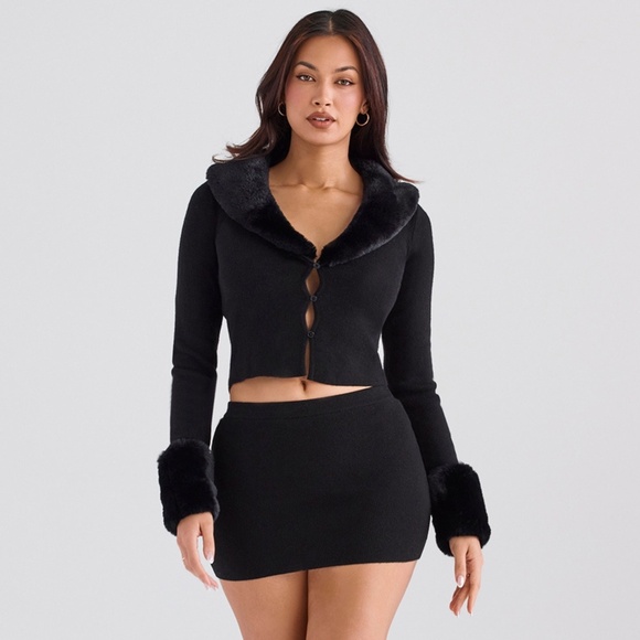 NEW House of CB Blanche Faux Fur Trim Cardigan Black Small - Picture 13 of 17